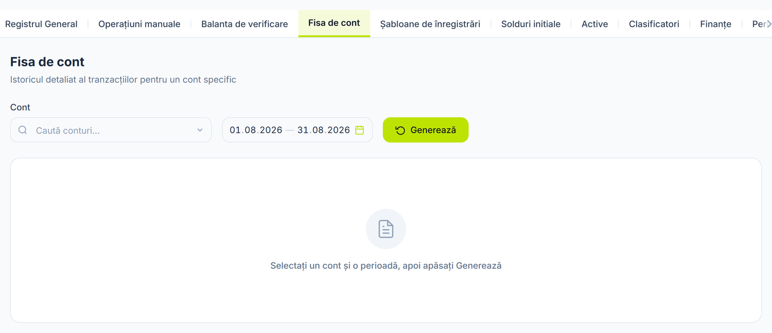 Fișa de cont, așa cum se deschide: alegi contul și perioada, apoi apeși Generează