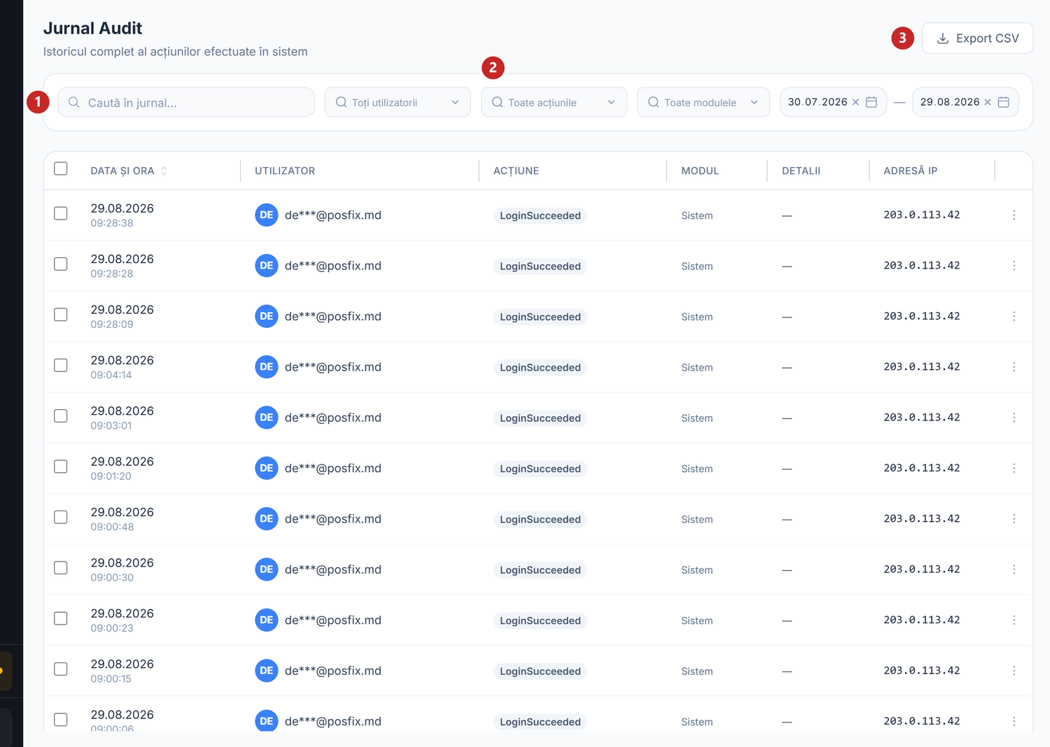 Jurnalul de audit, cu filtrele de sus