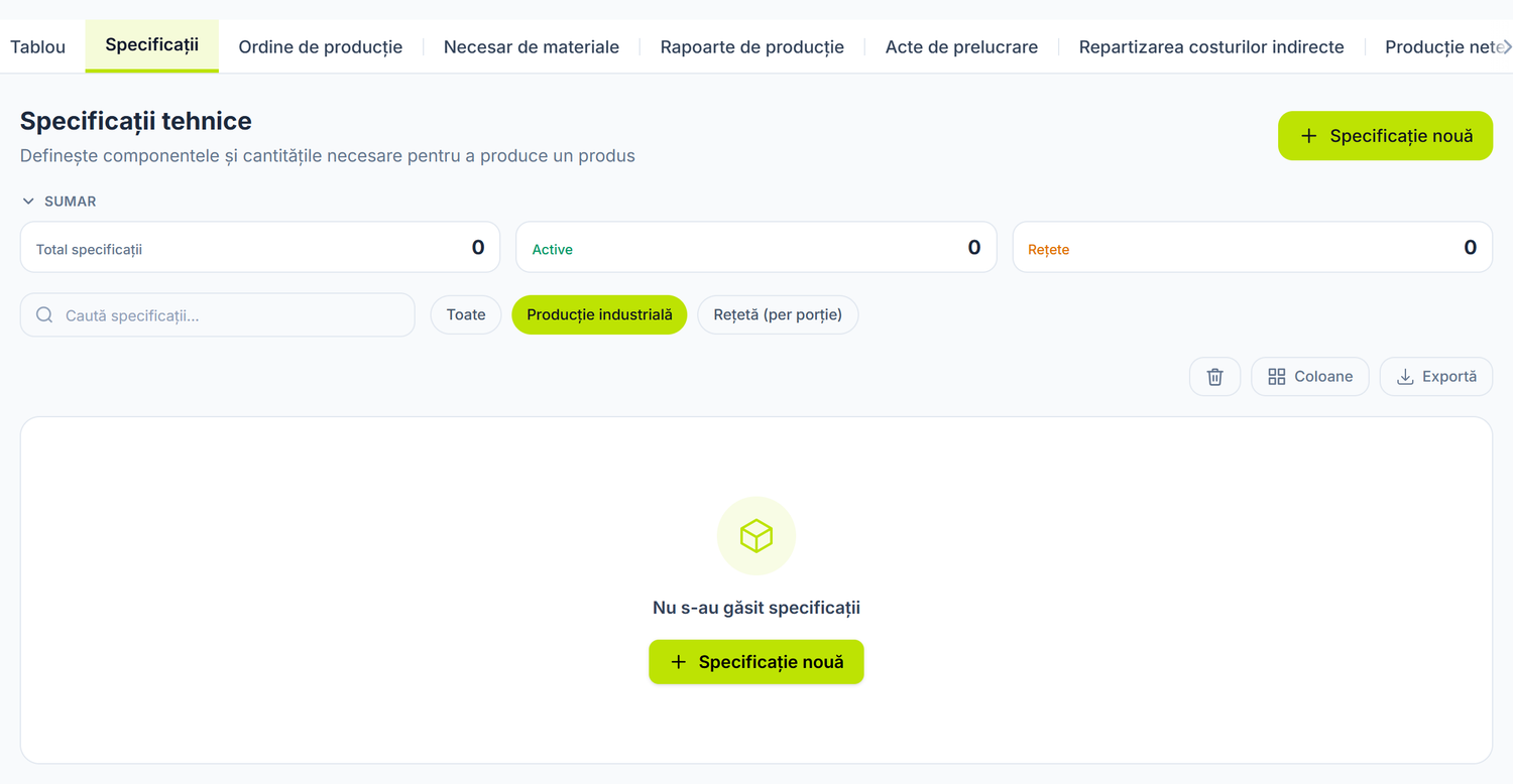 Specificațiile de producție