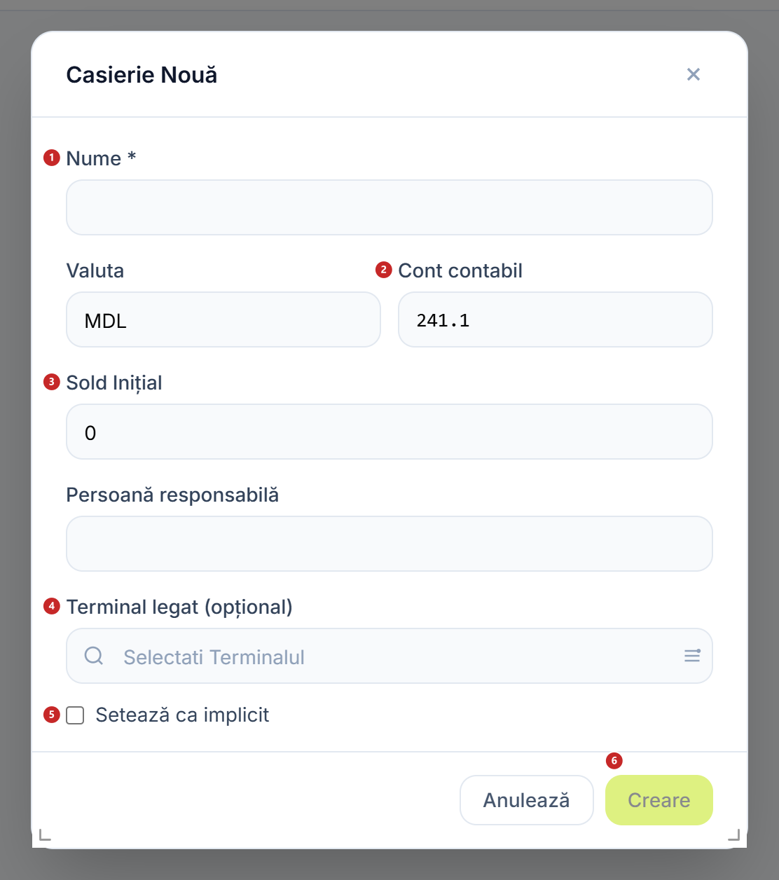 Fereastra de creare a casieriei