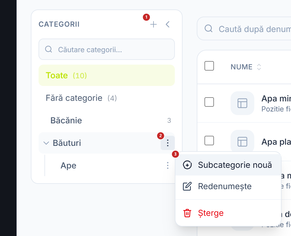 Panoul Categorii, cu meniul unei categorii deschis
