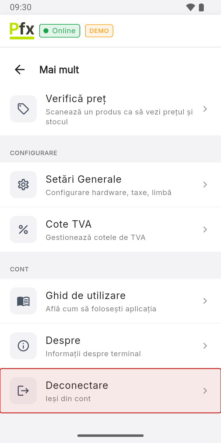 Deconectare în meniul Mai mult