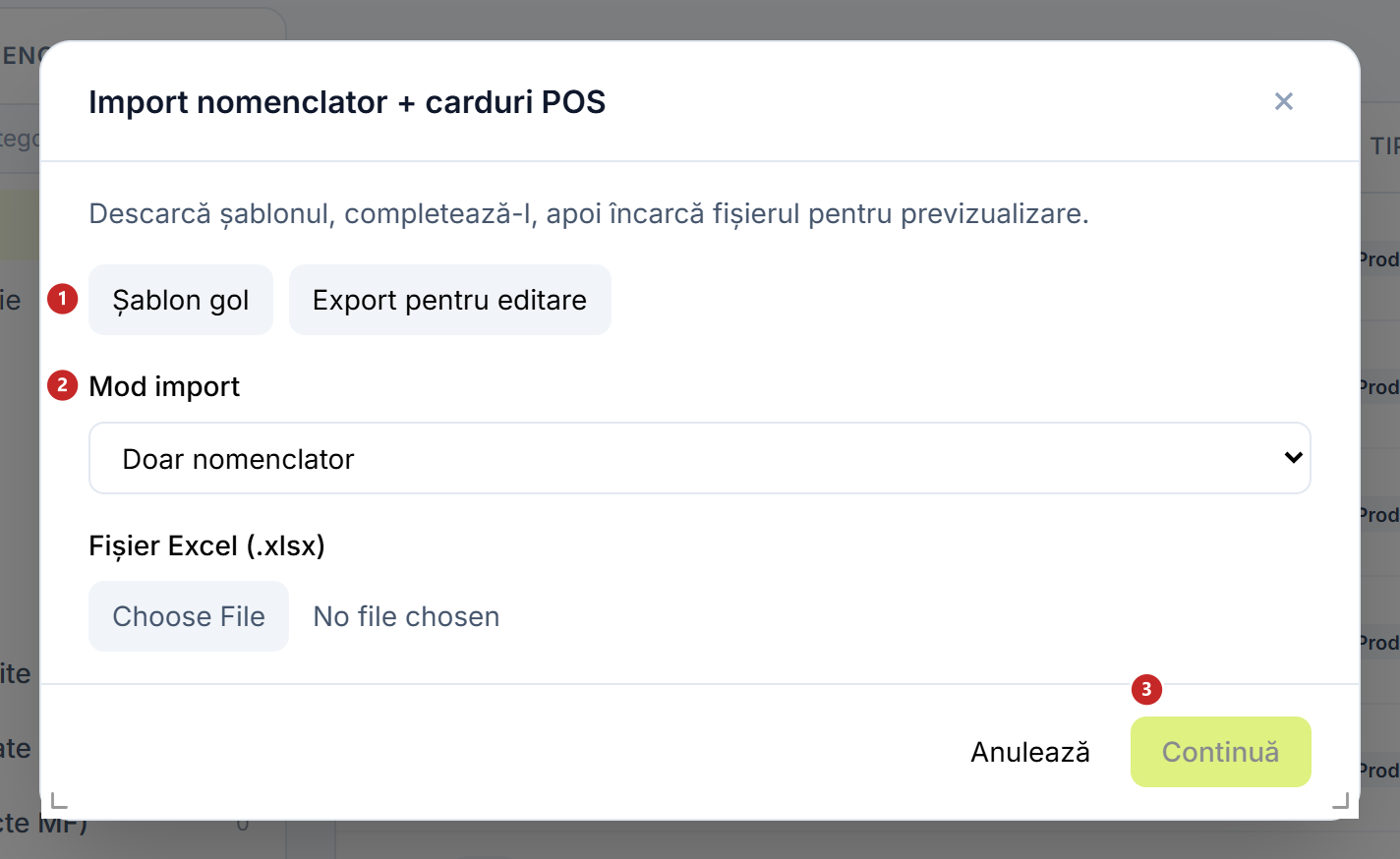 Fereastra de import din Excel