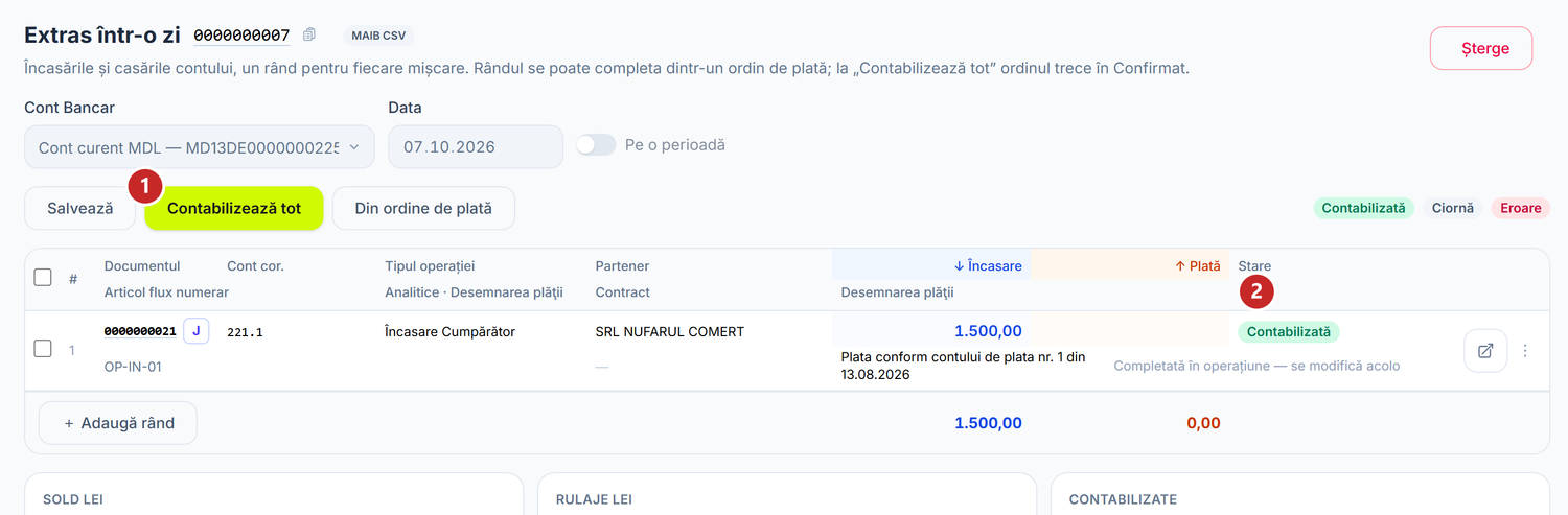 Rândul contabilizat în extras