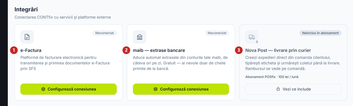 Ecranul Integrări, cu cele trei carduri