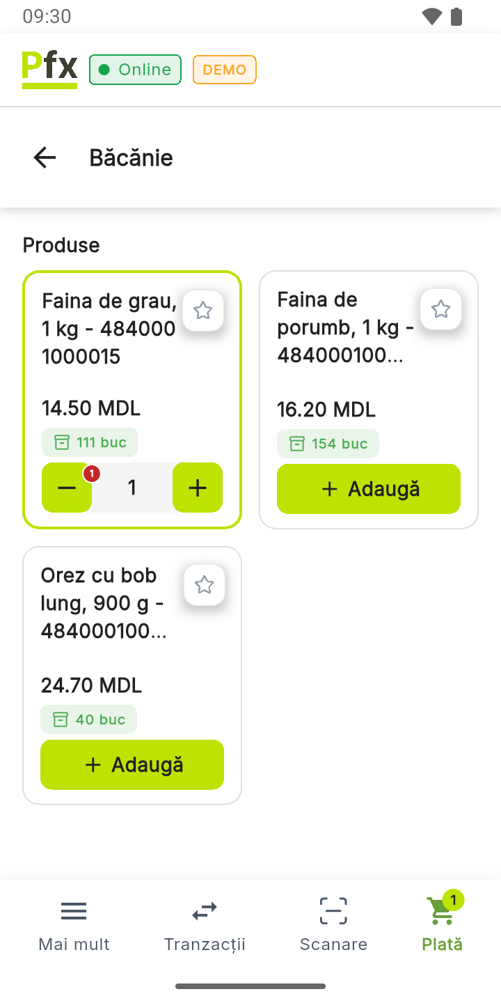 Produsul pus în coș