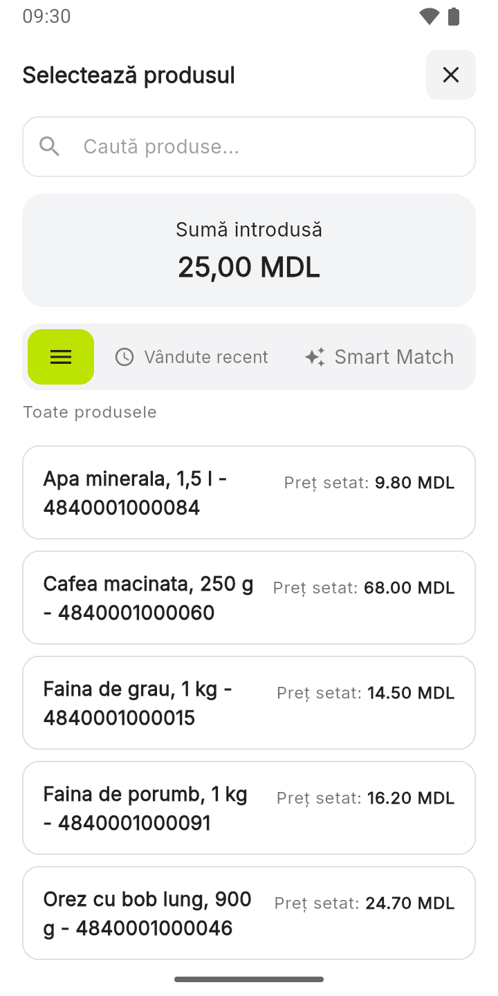 Alegerea produsului pentru sumă
