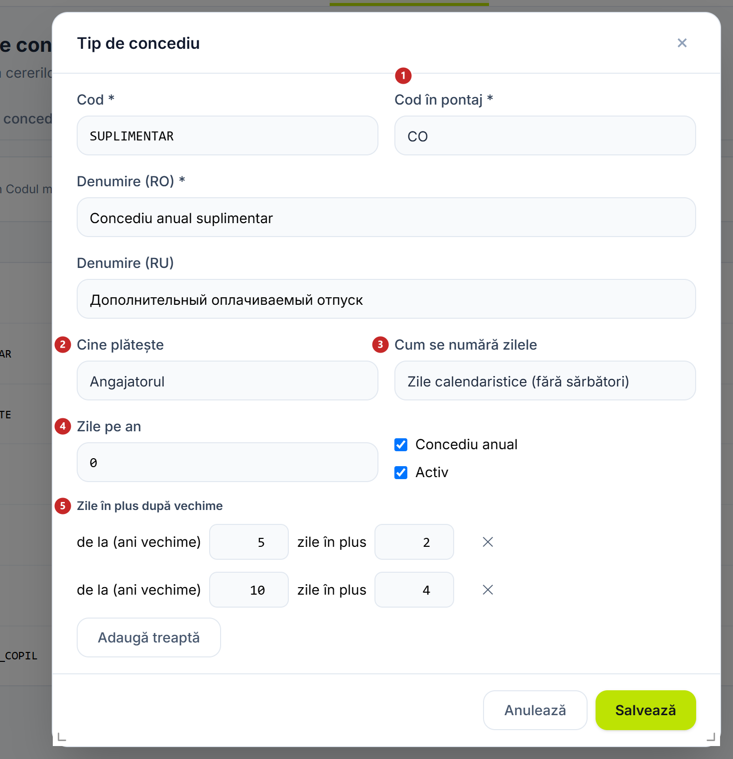 Fereastra unui tip de concediu