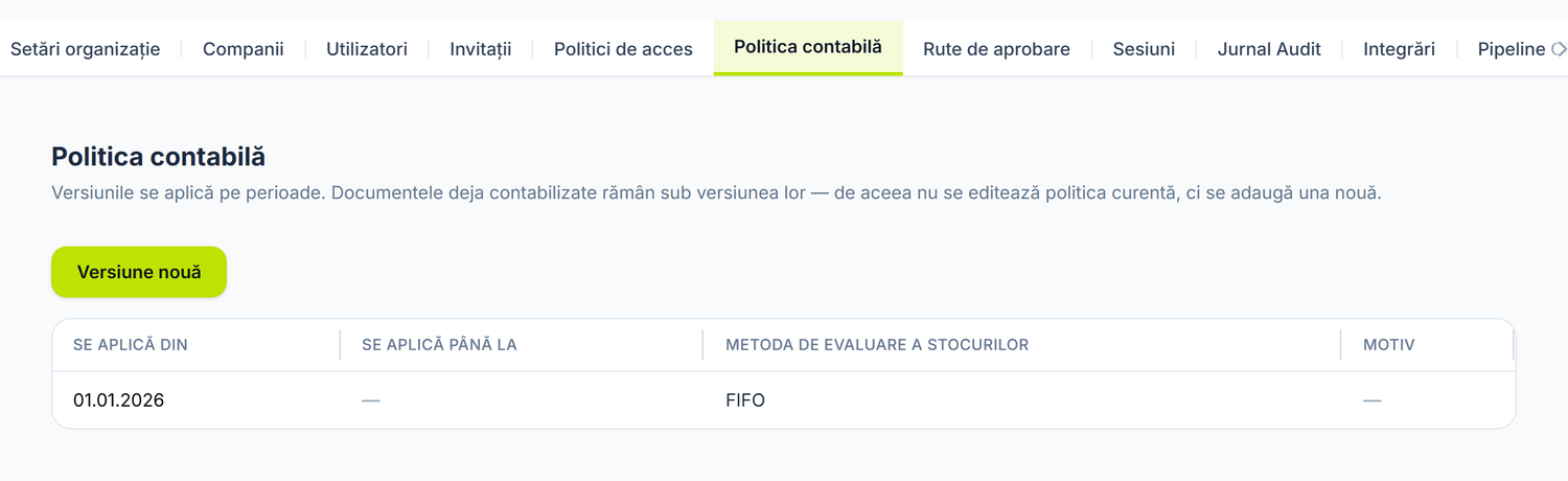 Ecranul politicii contabile, cu versiunea în vigoare