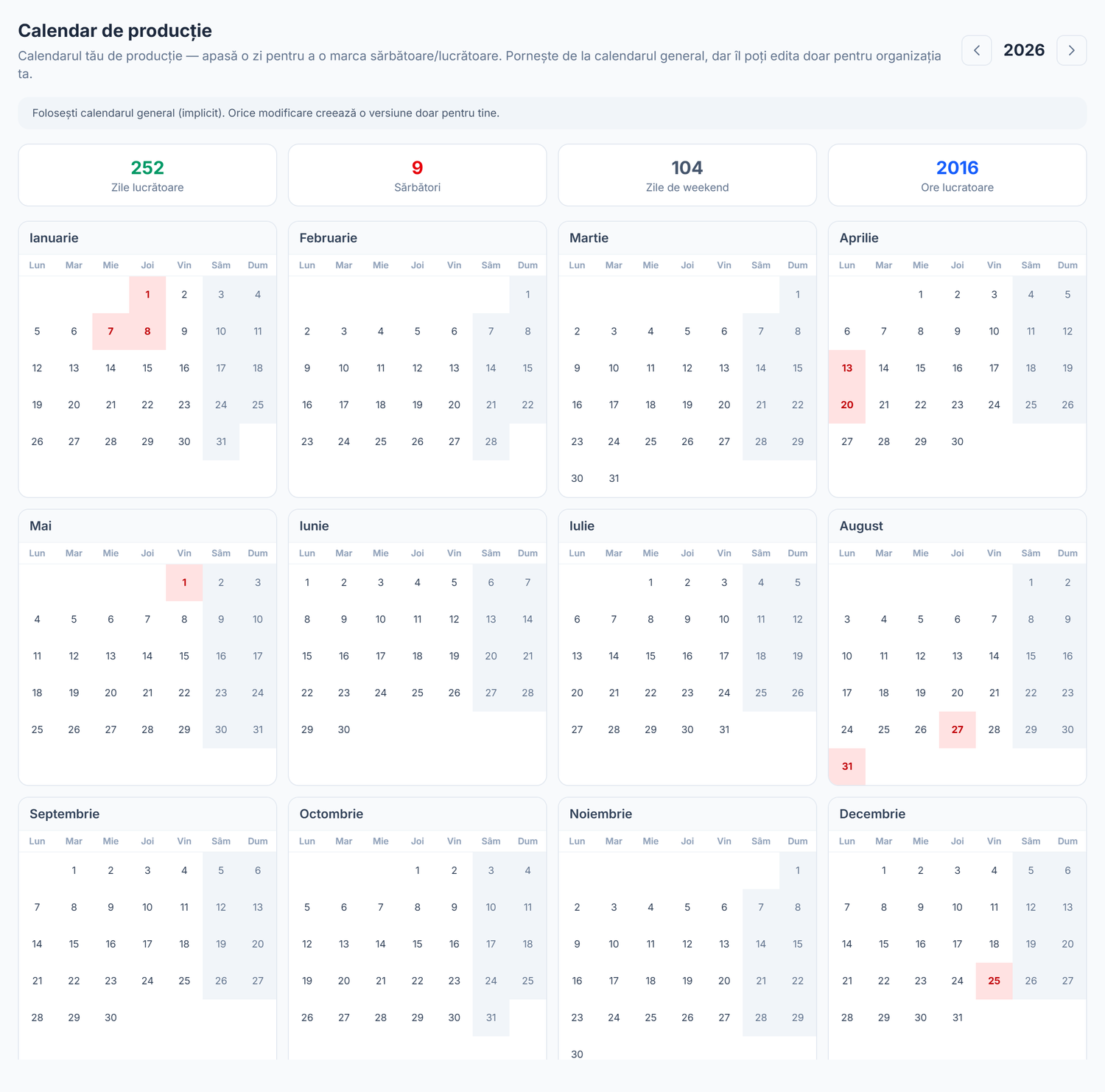 Calendarul de producție pe un an întreg