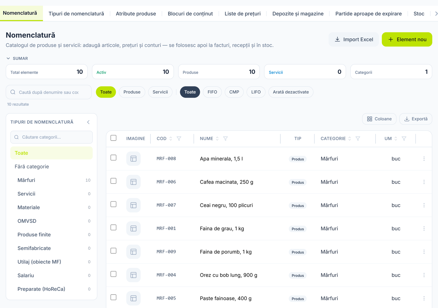 Lista produselor din nomenclator