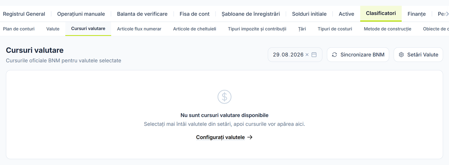 Ecranul Cursuri valutare, înainte de a bifa vreo valută