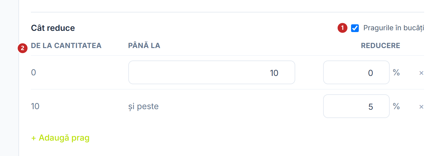 Grila reducerii pe cantitate, cu pragurile în bucăți