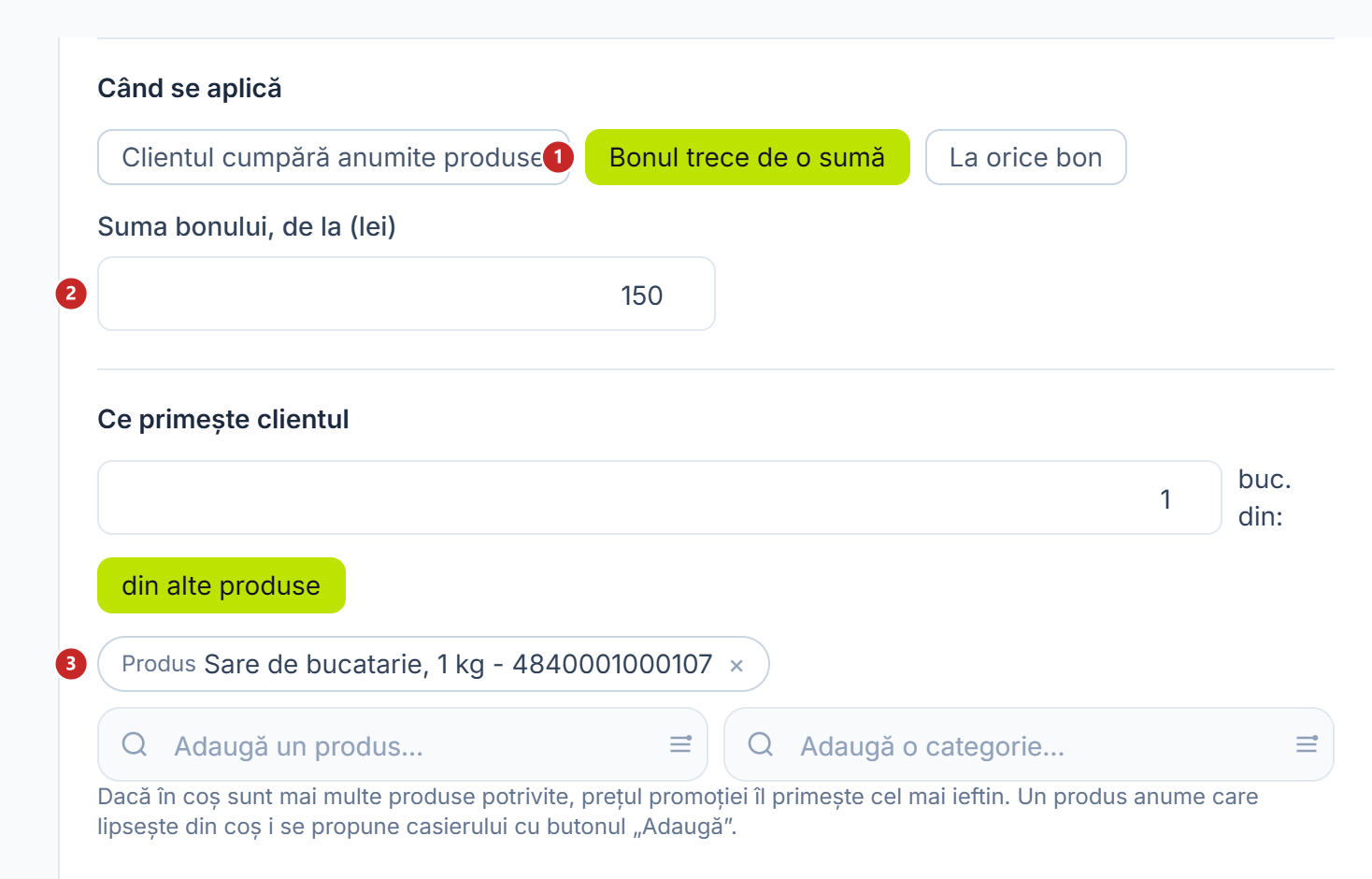 Promoția pornită de suma bonului, cu produsul primit
