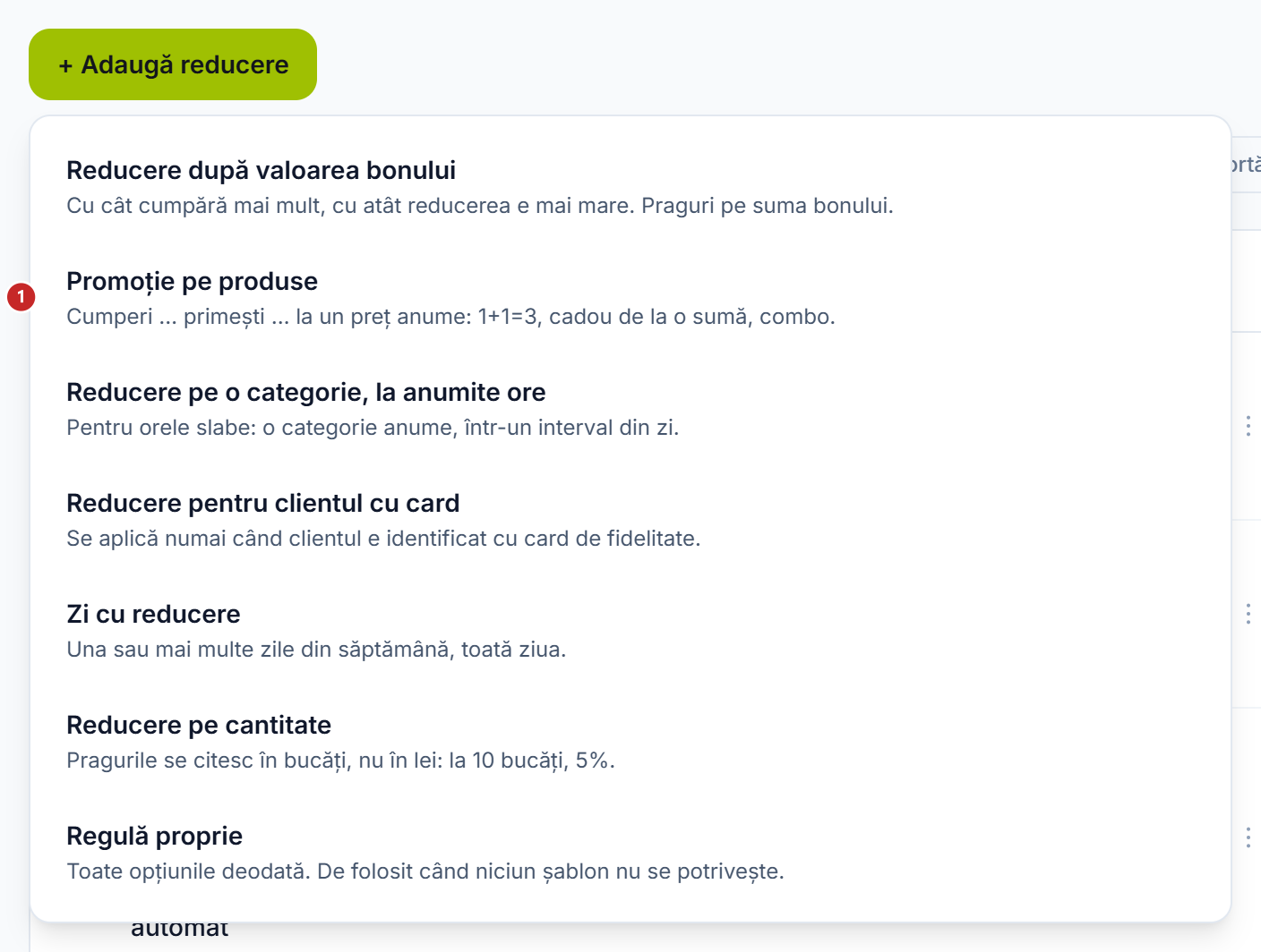 Lista șabloanelor, deschisă de butonul Adaugă reducere
