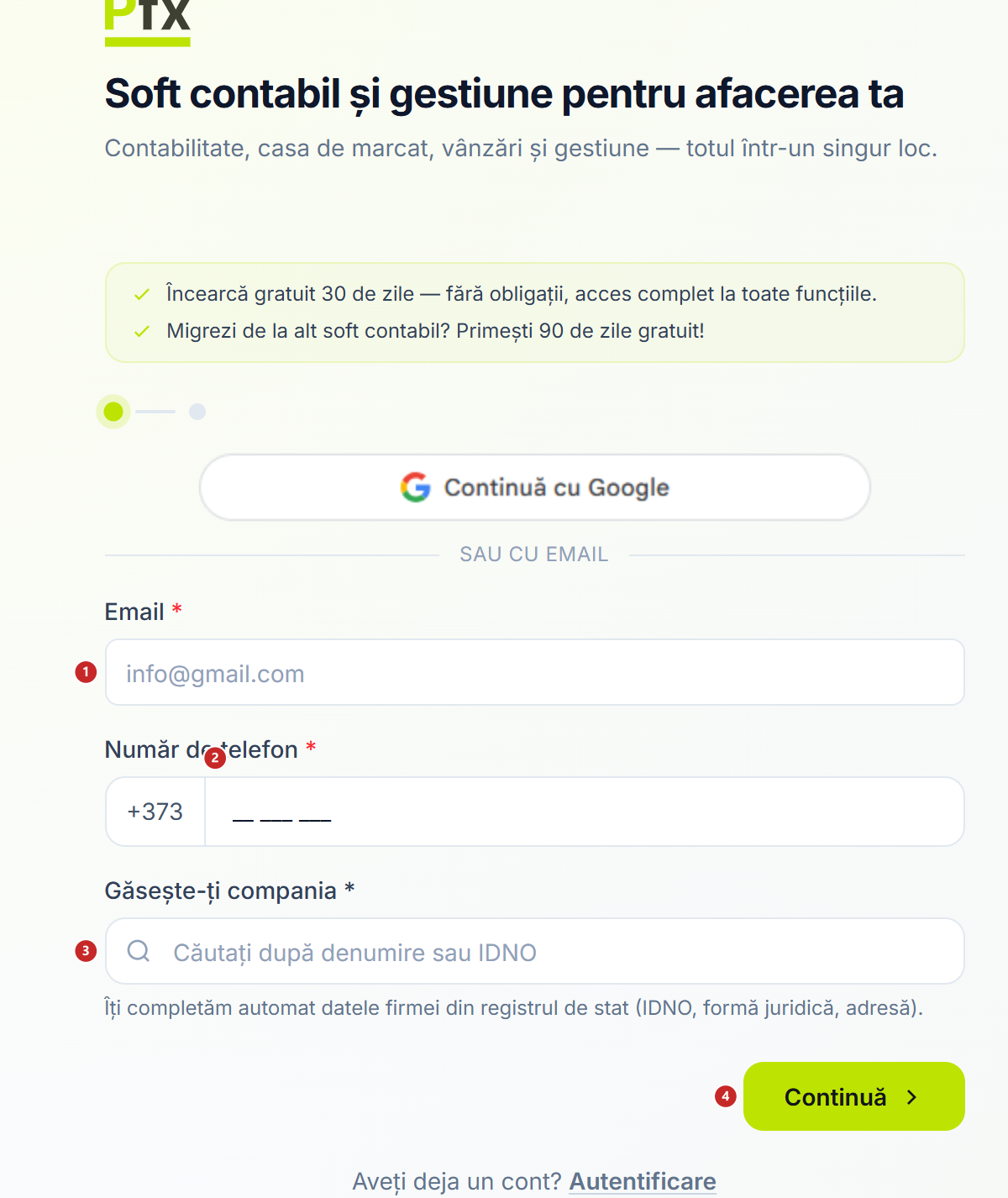 Formularul de înregistrare, cu cele trei câmpuri și butonul Continuă