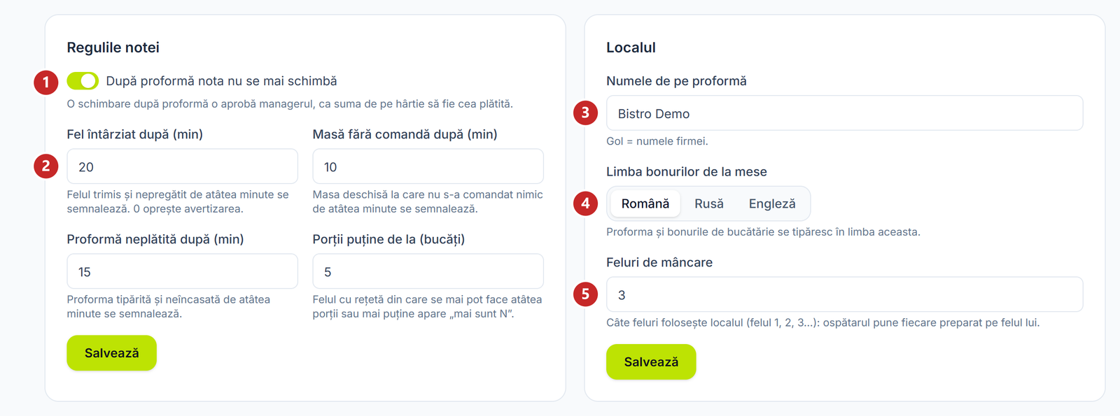Regulile notei și datele localului