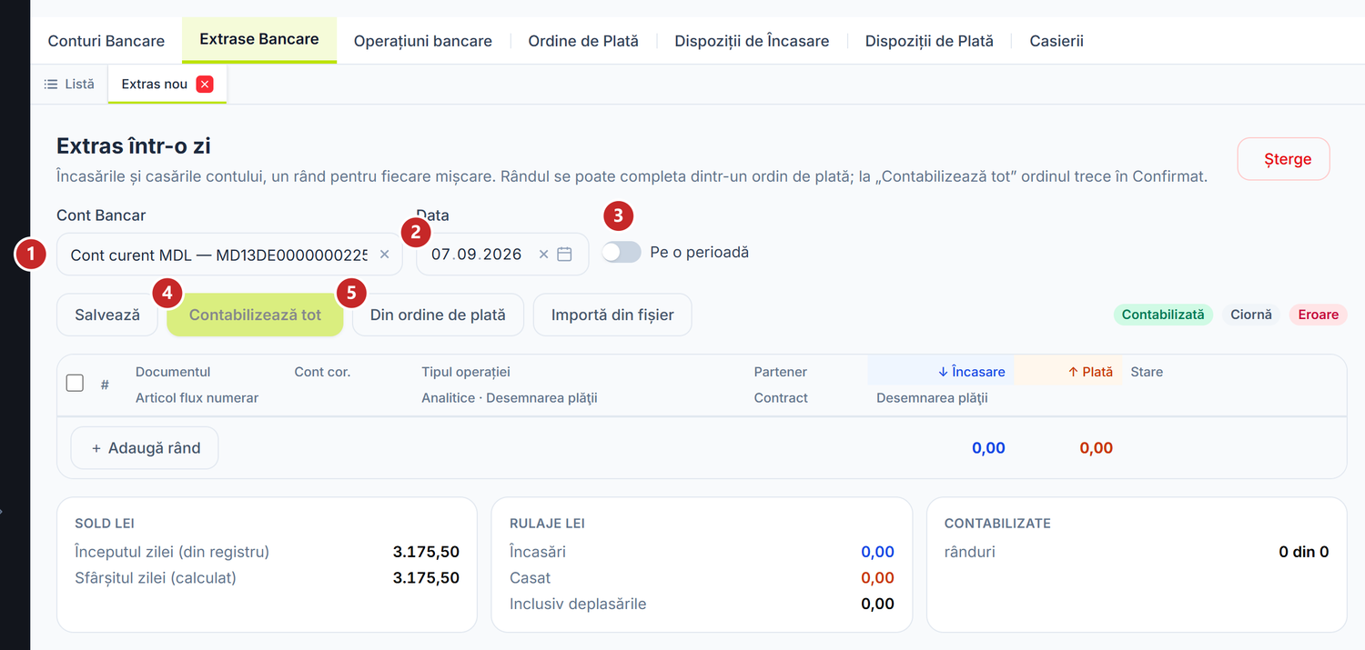 Extrasul într-o zi, gol: antetul, butoanele și cele trei cartonașe de sold