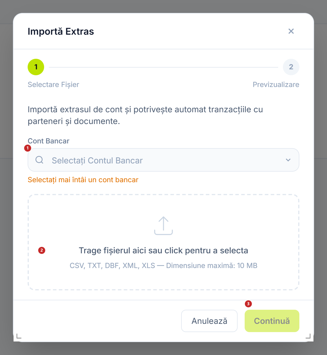 Fereastra de import, pasul Selectare Fișier