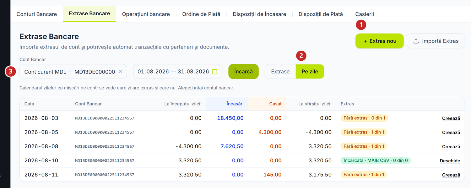 Lista extraselor cu comutatorul pornit: butonul Extras nou și vederea Pe zile