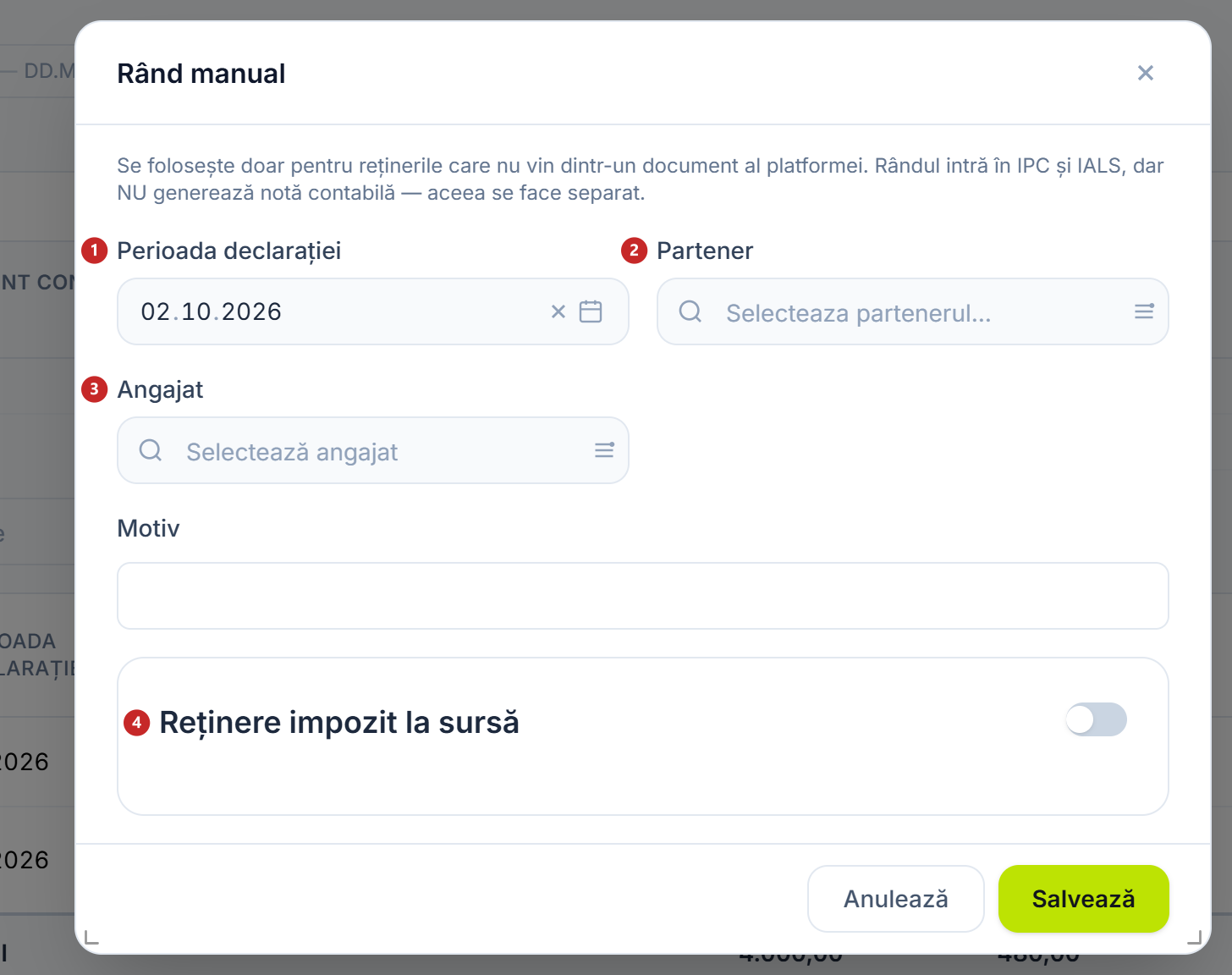 Fereastra rândului manual