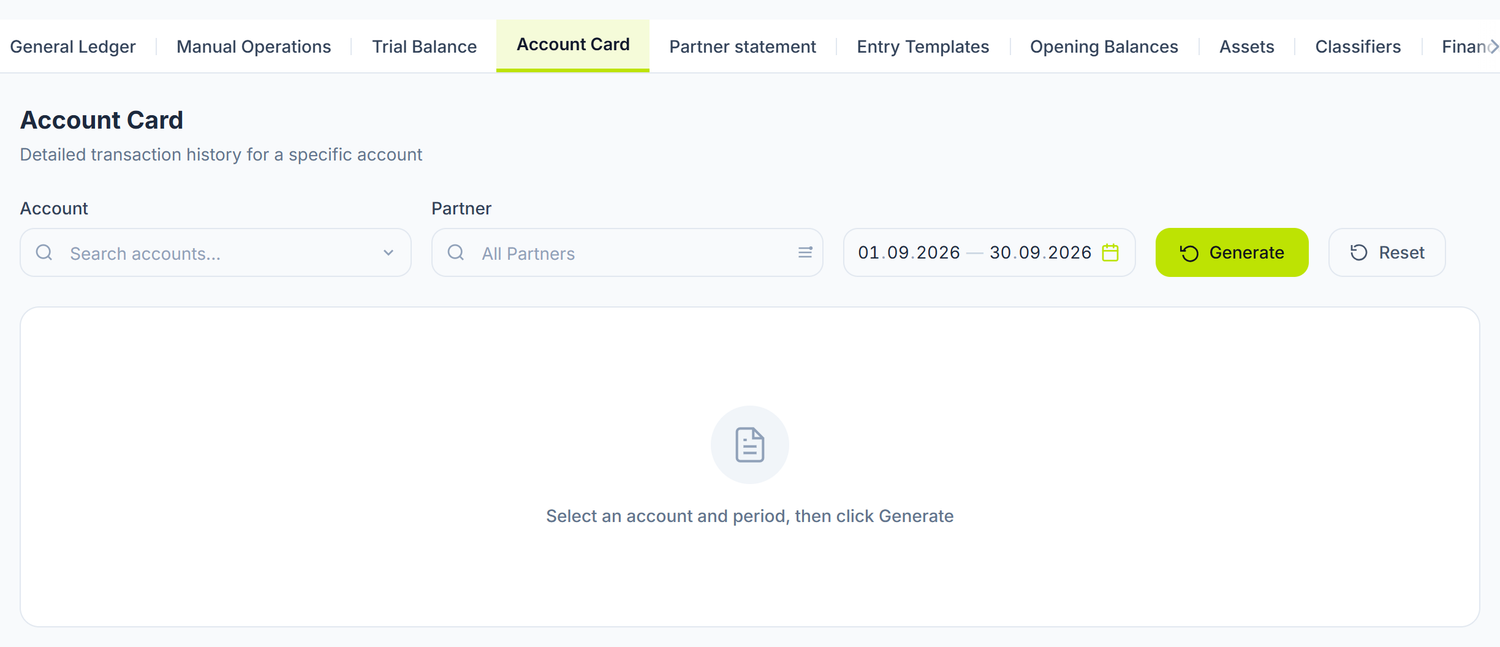 The account card as it opens: pick the account and the period, then press Generate