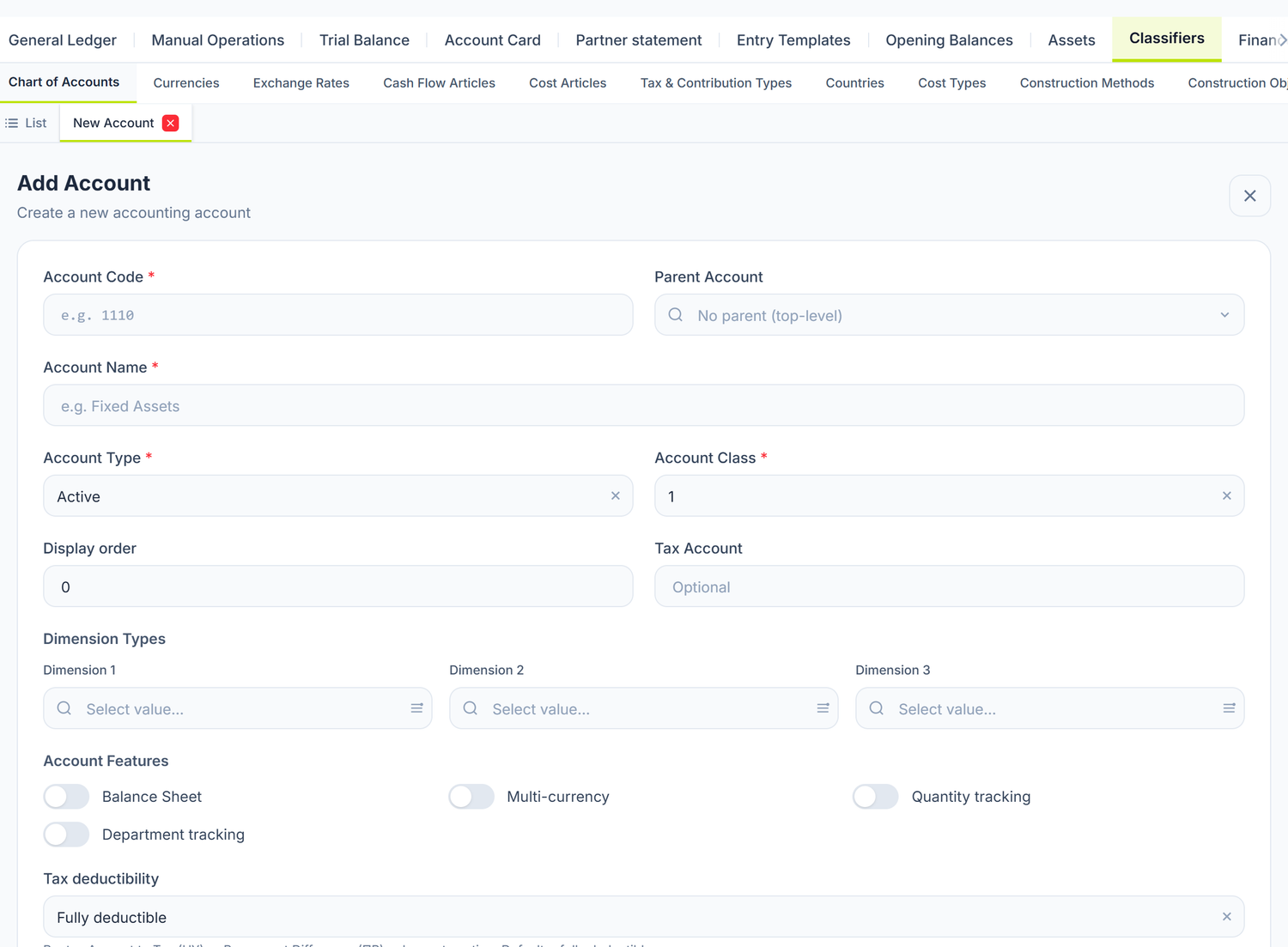 The accounting account form