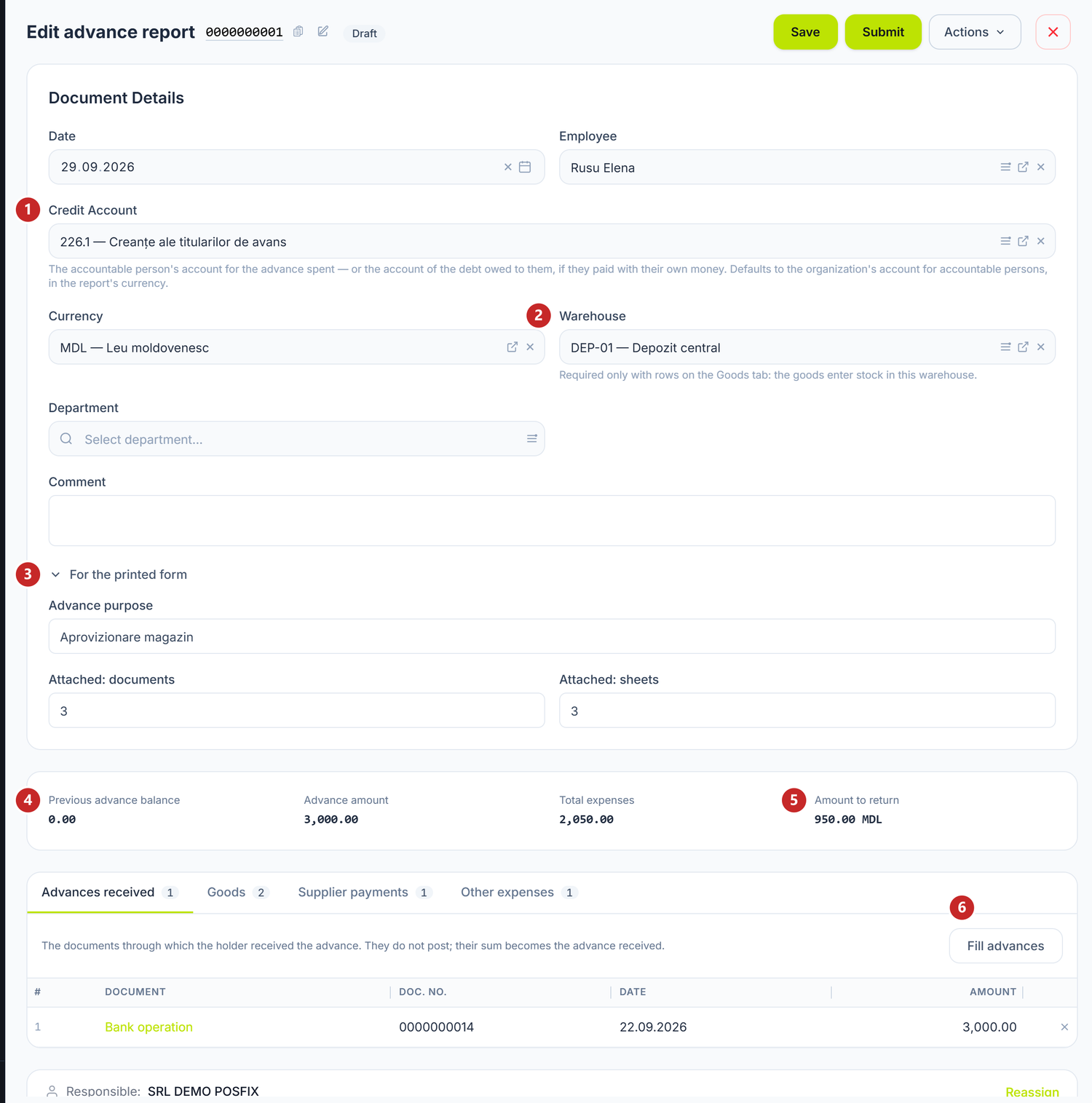 The advance report, the header and the Advances received tab