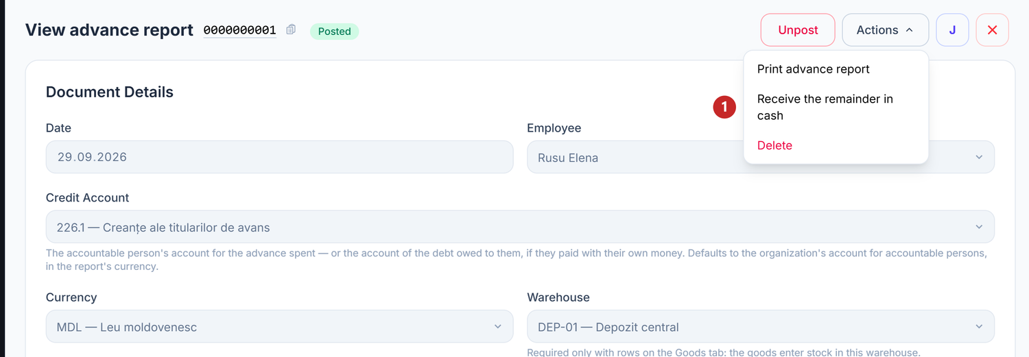 The posted report, the Actions menu