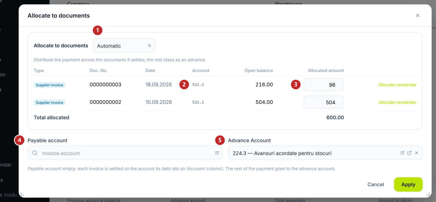 The Allocate to documents window