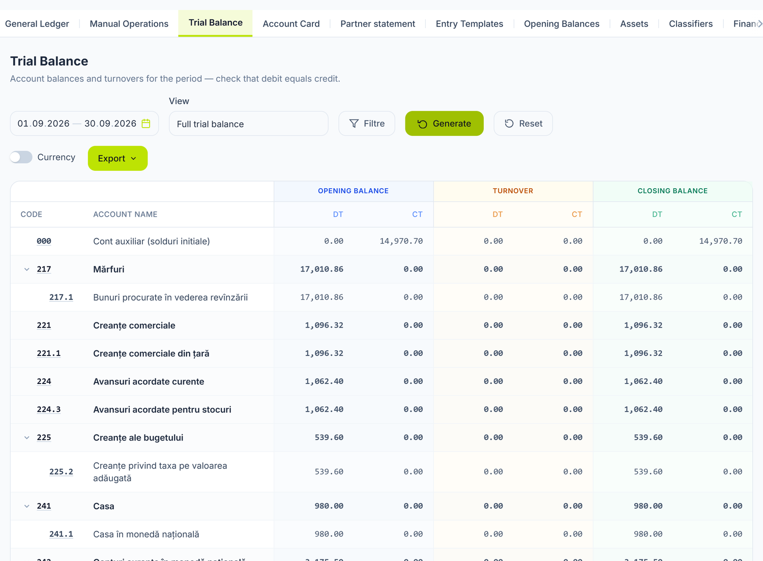 The trial balance filter panel, open