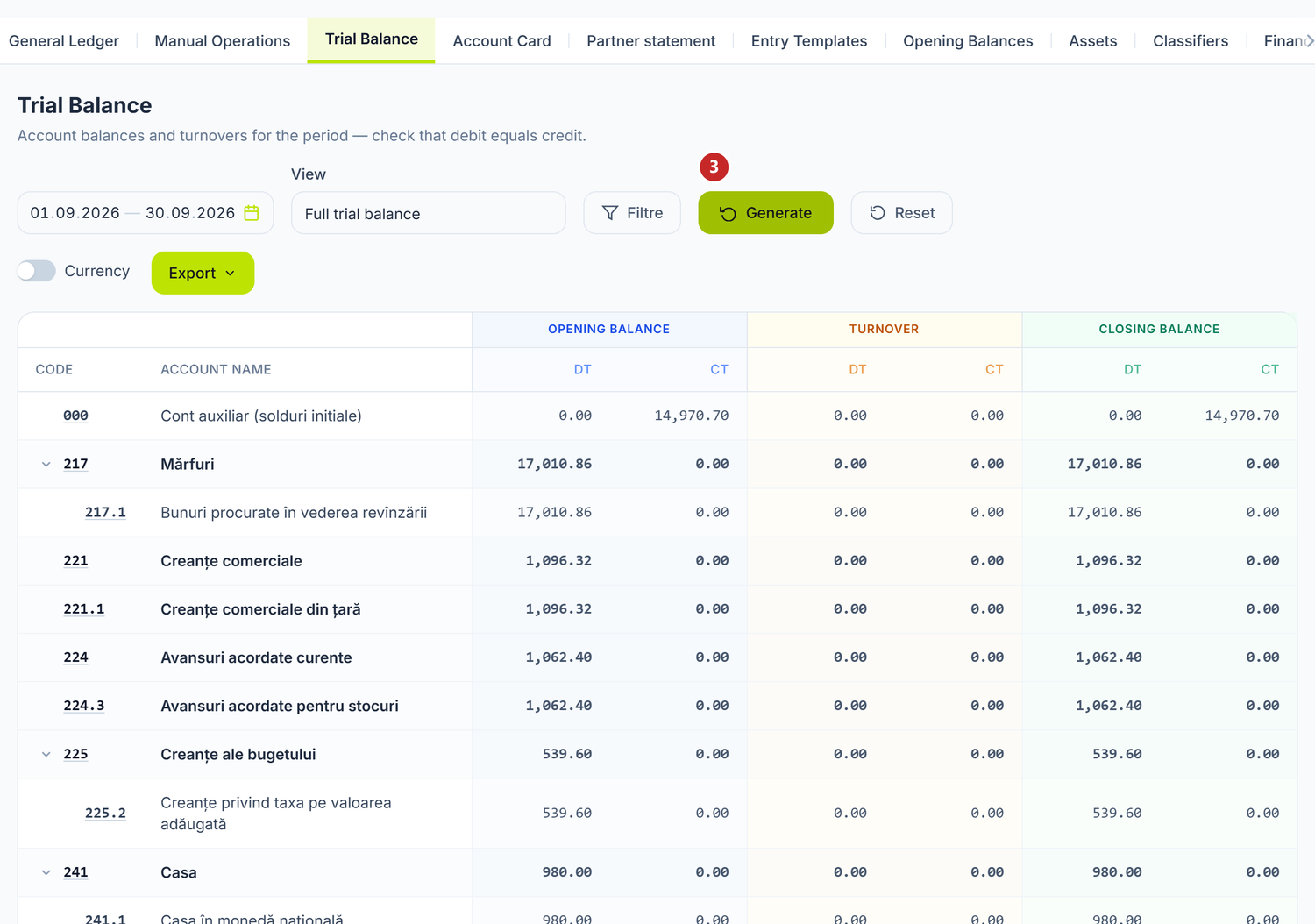 The trial balance, generated