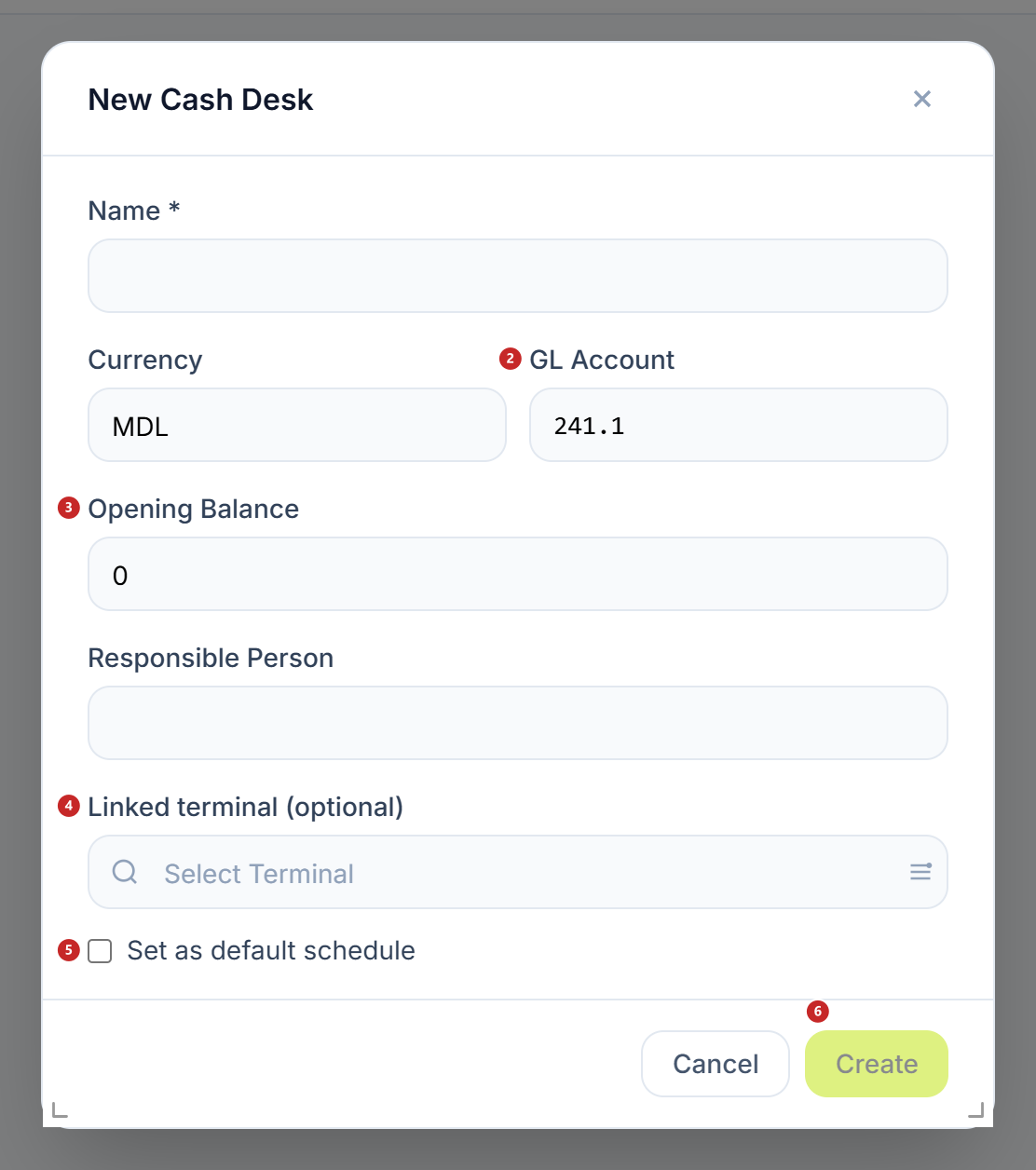 The cash desk creation window