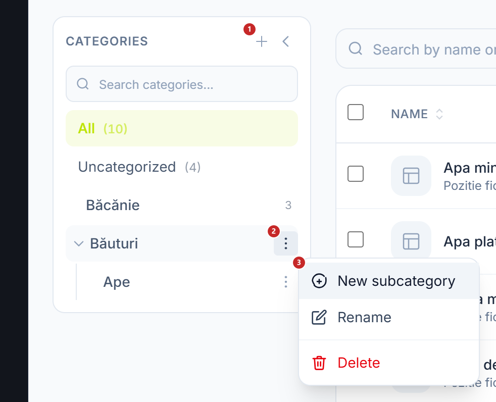 The Categories panel, with a category's menu open