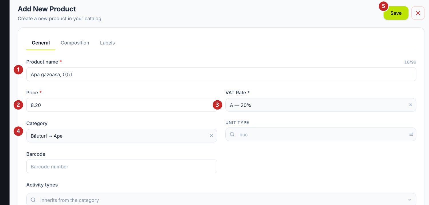 A new product's card, opened from a subcategory