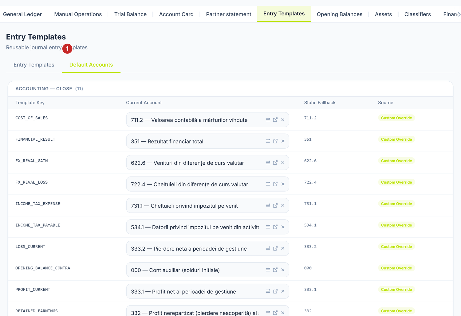 The Default Accounts tab
