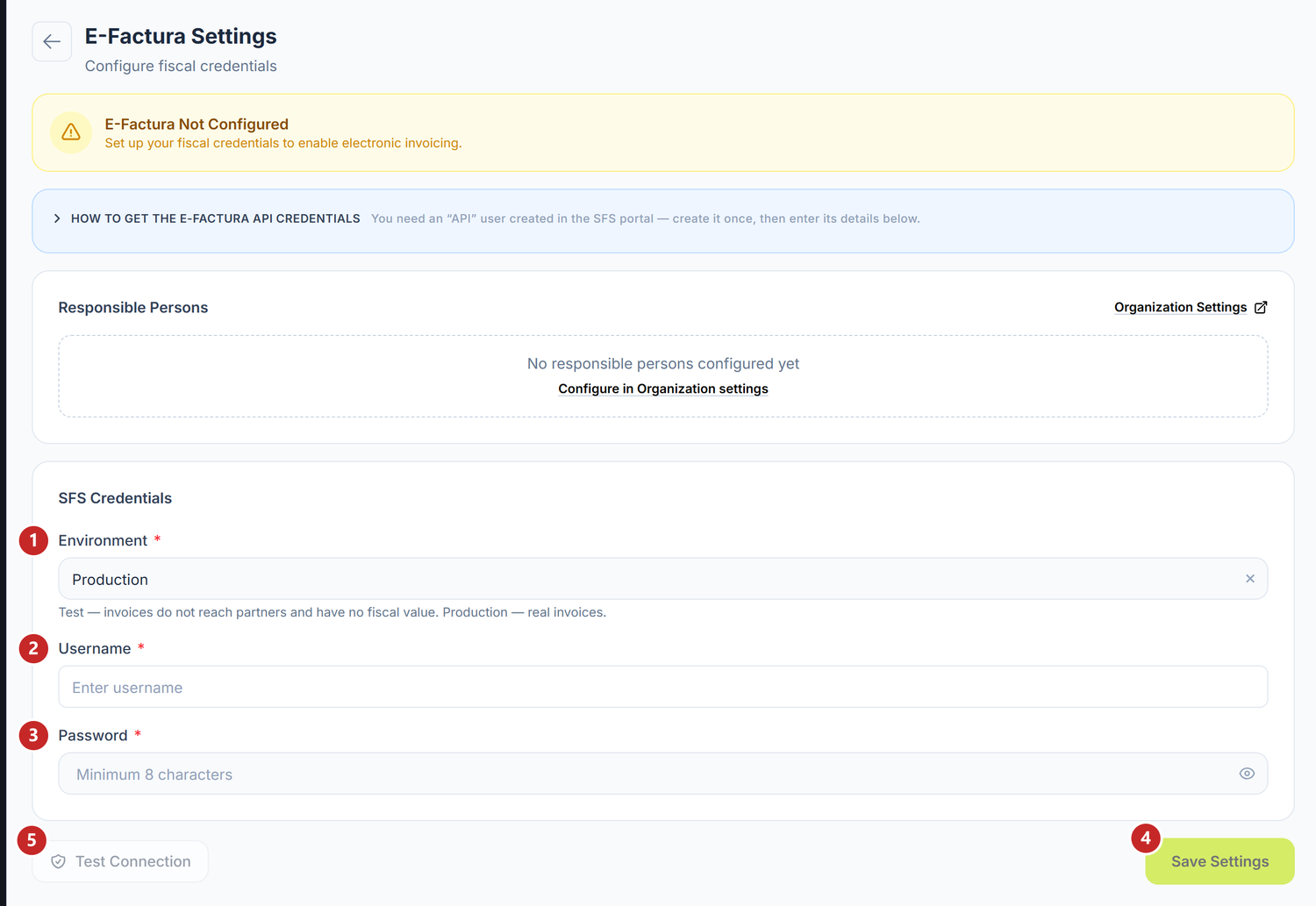 The e-Factura settings, with the guide closed