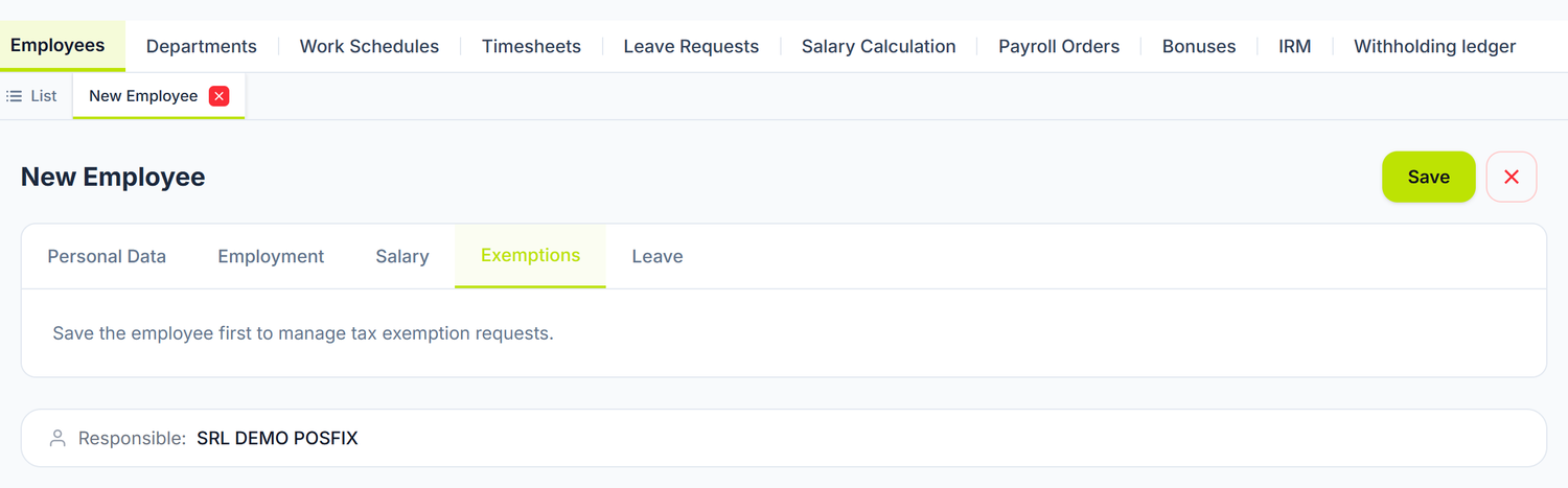 The Exemptions tab on an employee not yet saved