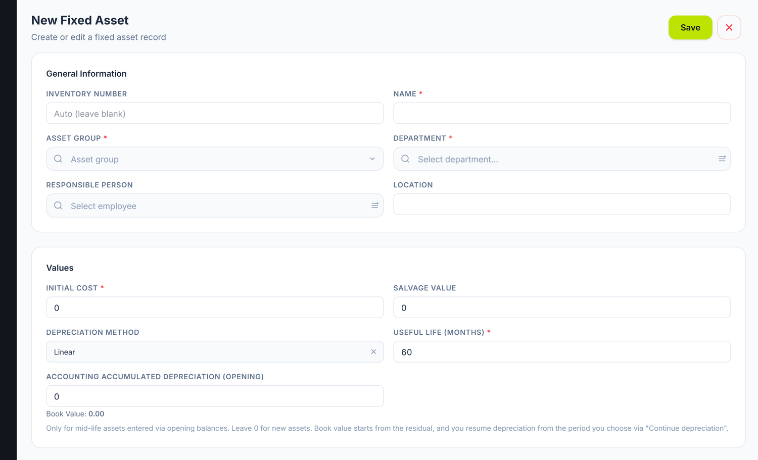 The fixed asset form — general information and values