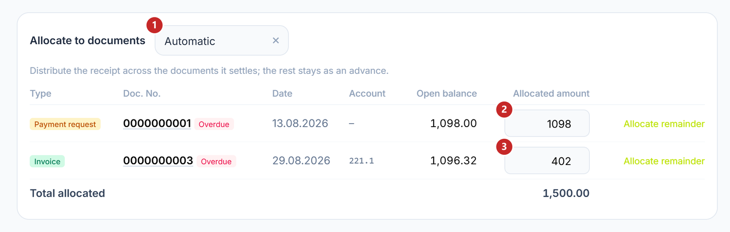 Allocation on Automatic: the payment request takes the amount before the invoice