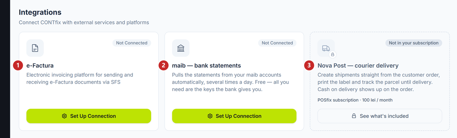 The Integrations screen, with the three cards