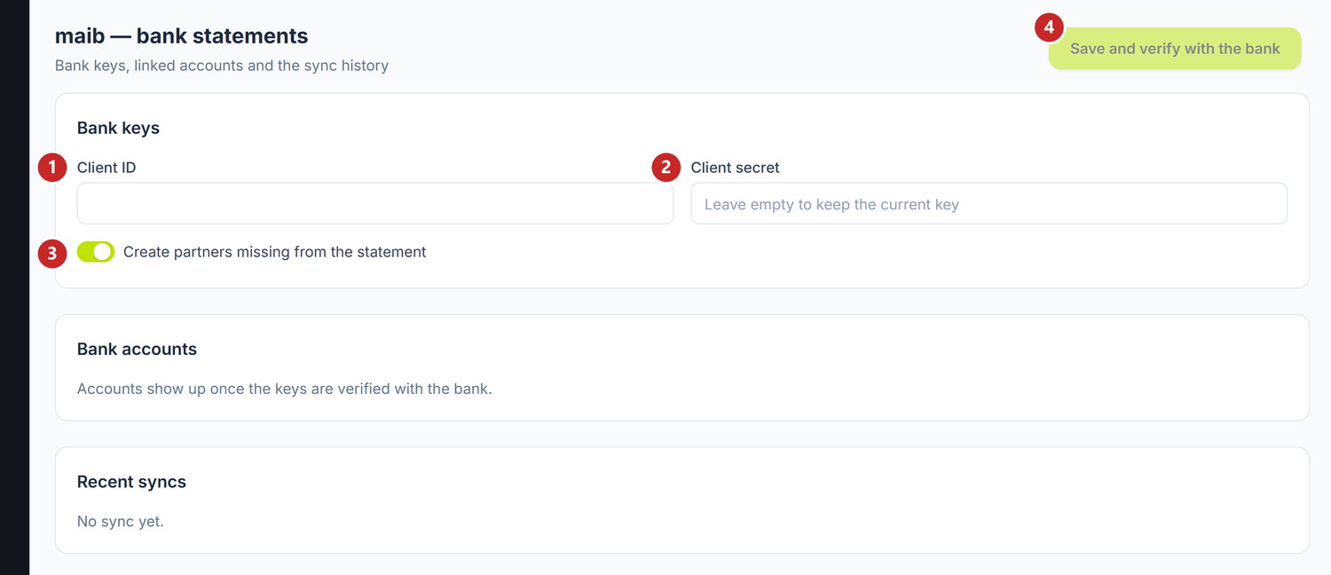 The maib settings, before the keys are verified