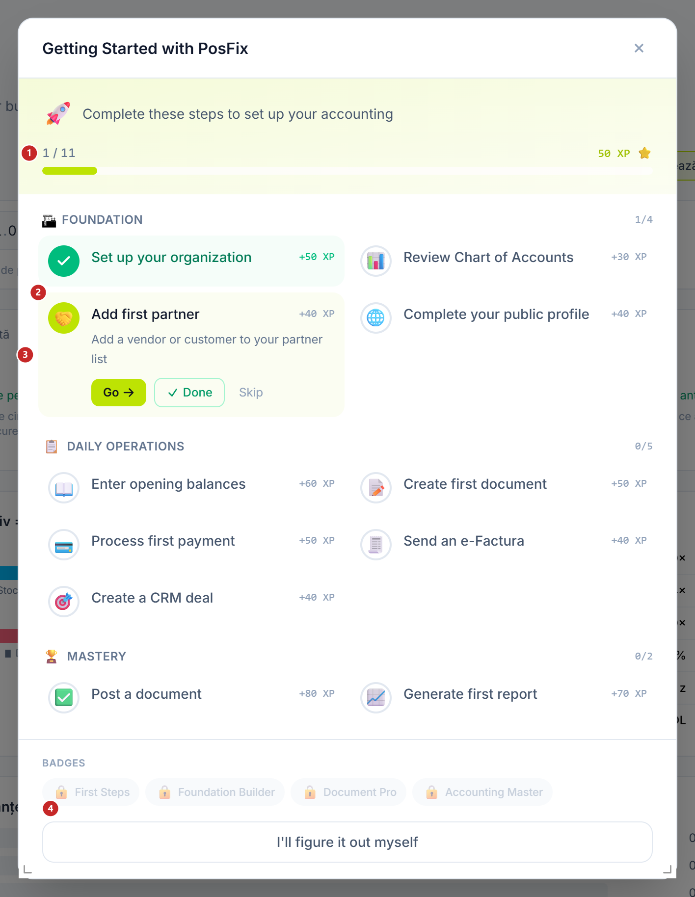 The Getting Started panel in PosFix, with the 11 steps grouped by stage