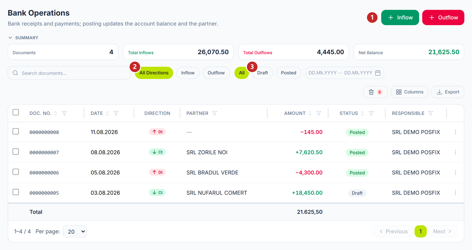 The bank operation list with the creation buttons and the filters