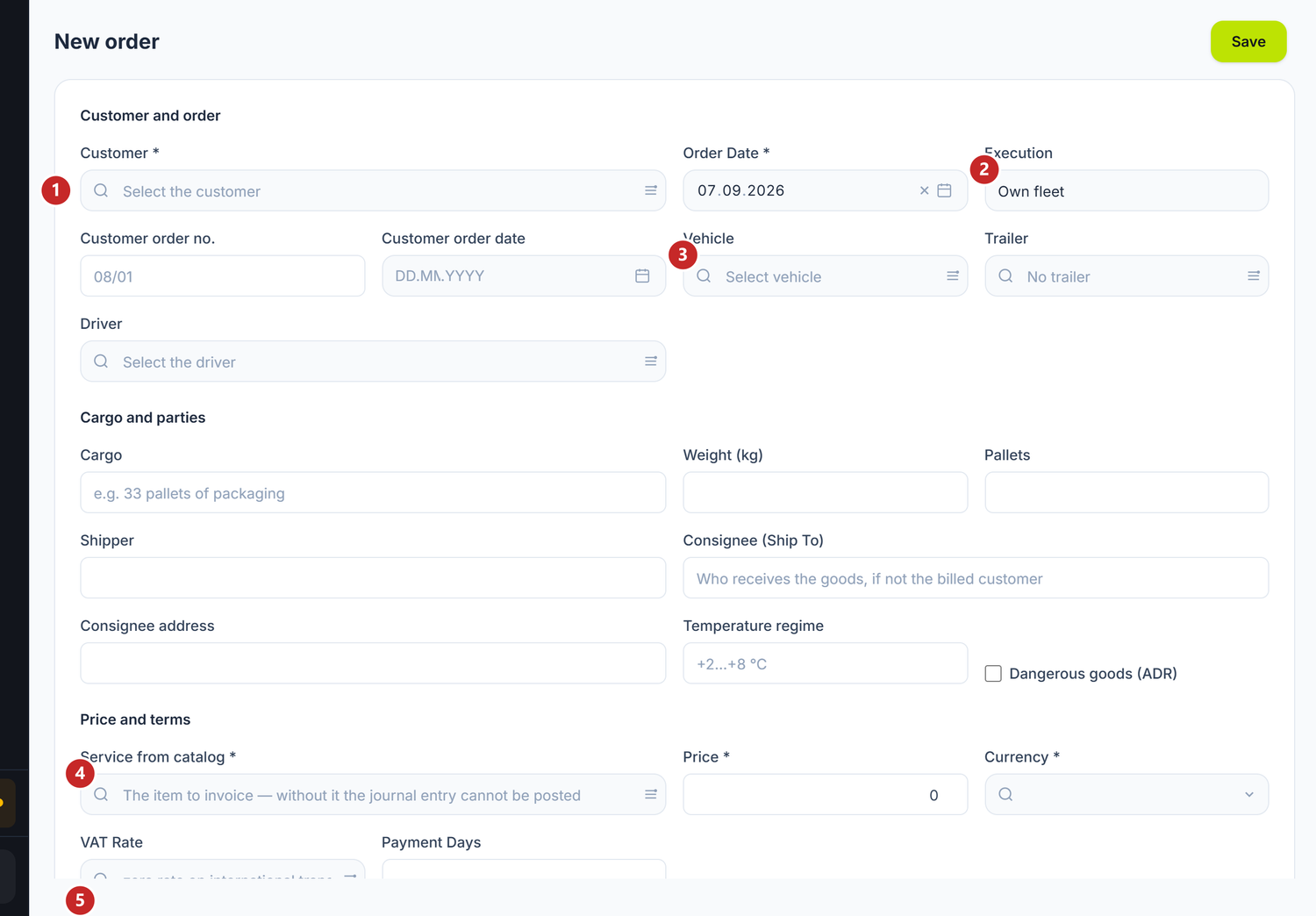 The order form: customer, execution, cargo, price and route legs