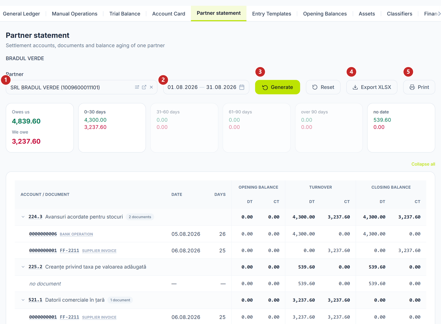 The partner statement, generated over a month