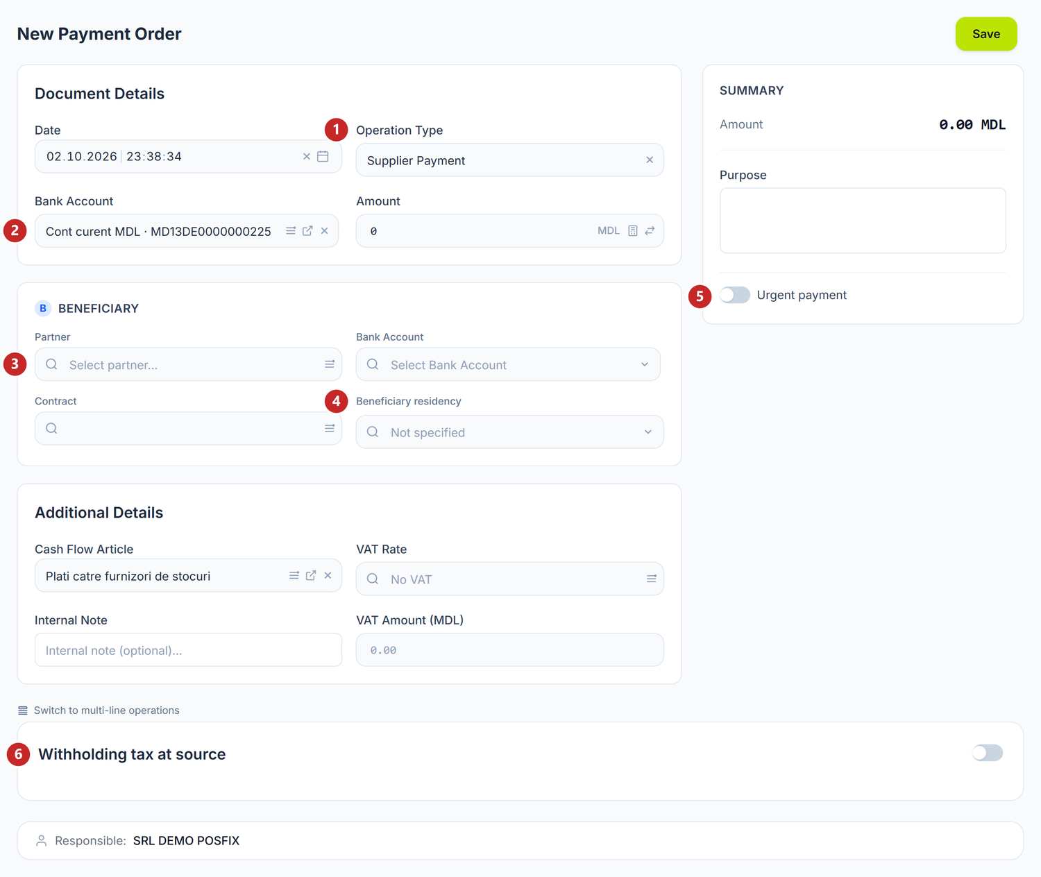 The payment order form, annotated