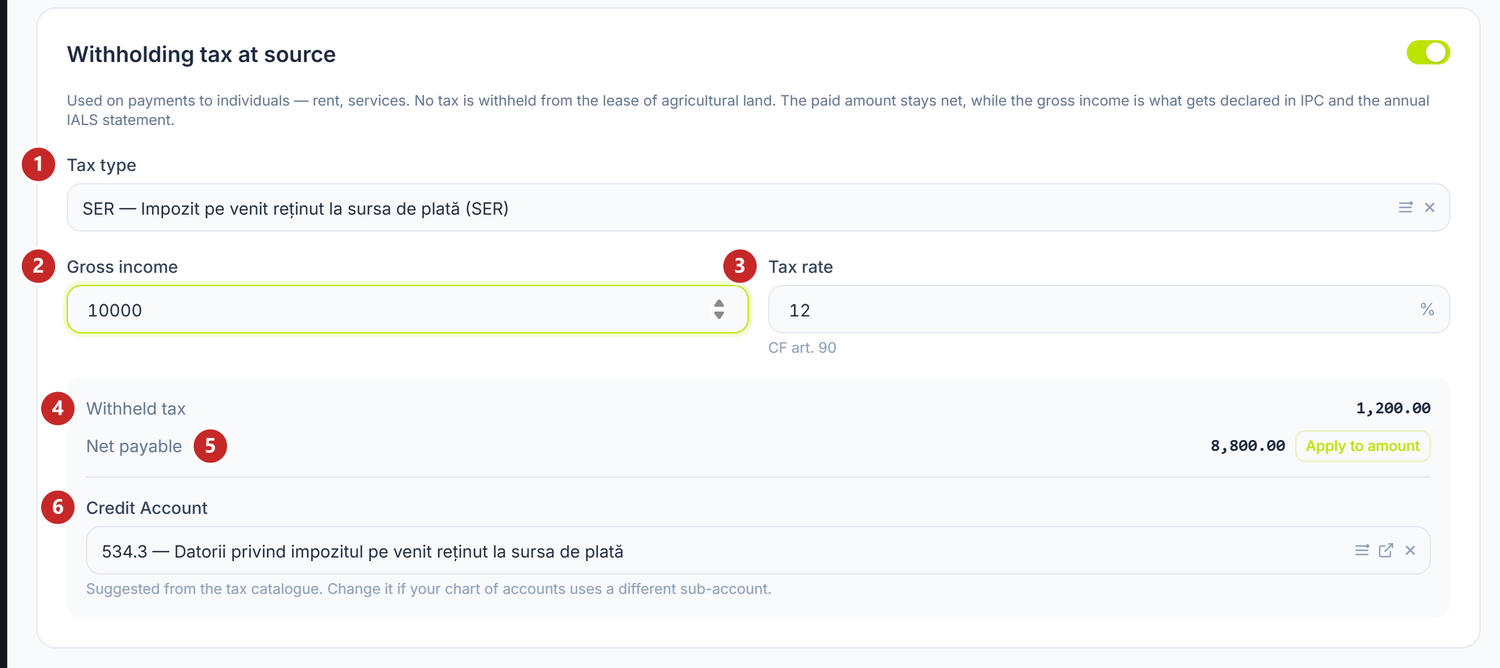 The Withholding tax at source block, filled in