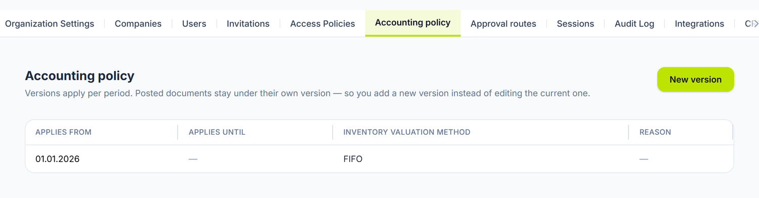 The accounting policy screen, with the version in force