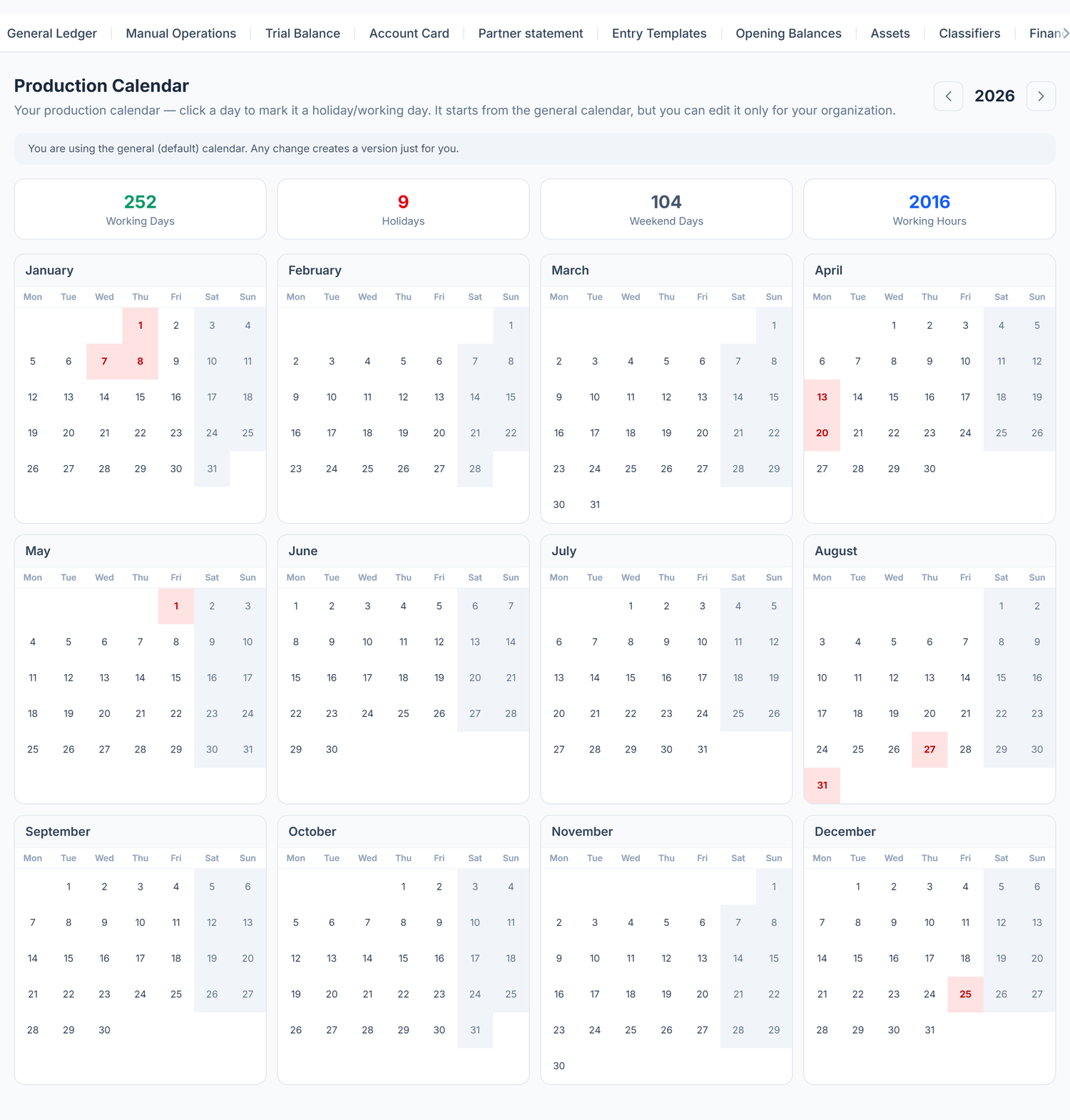 The production calendar over a whole year
